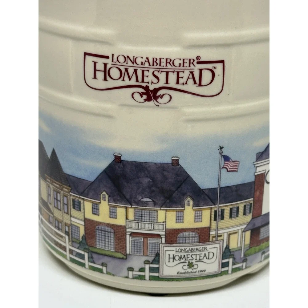Longaberger Homestead Pottery Crock Utensil Jar Cream Village Scene 7 Inch